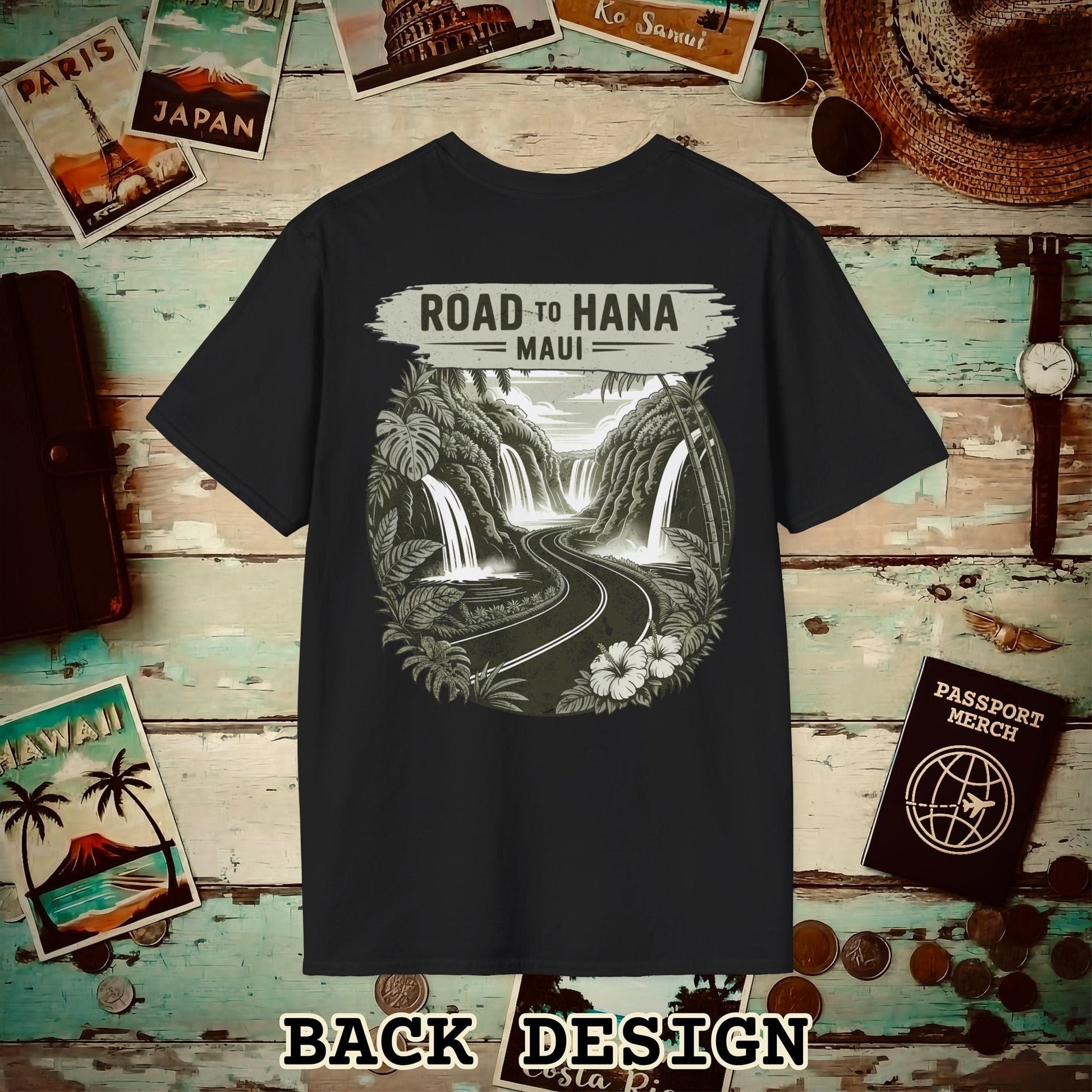 Vintage Road to Hana, Maui, Hawaii, Back Print T-Shirt Black / S