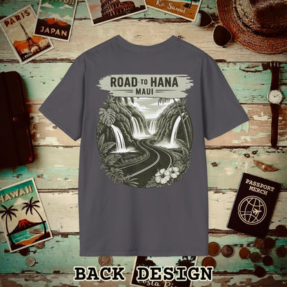 Vintage Road to Hana, Maui, Hawaii, Back Print T-Shirt Charcoal / S