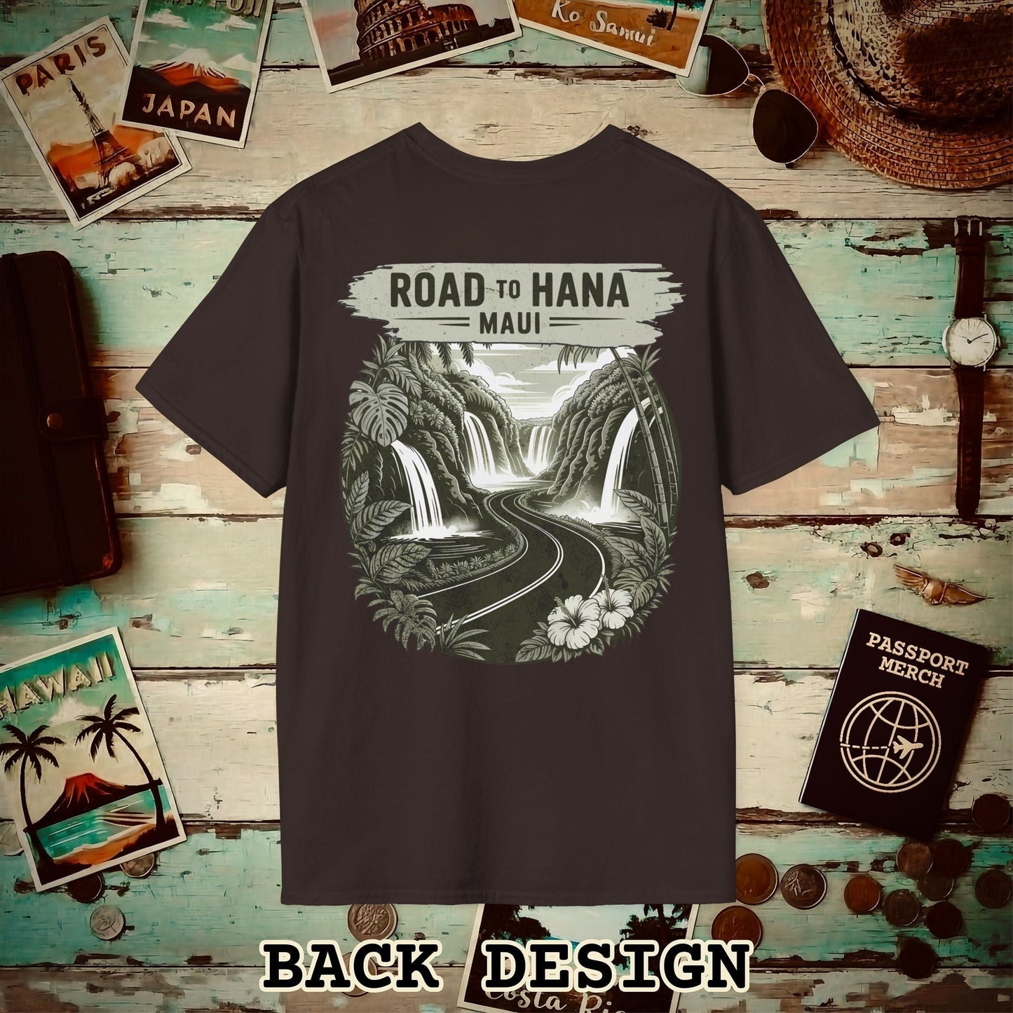 Vintage Road to Hana, Maui, Hawaii, Back Print T-Shirt Dark Chocolate / S