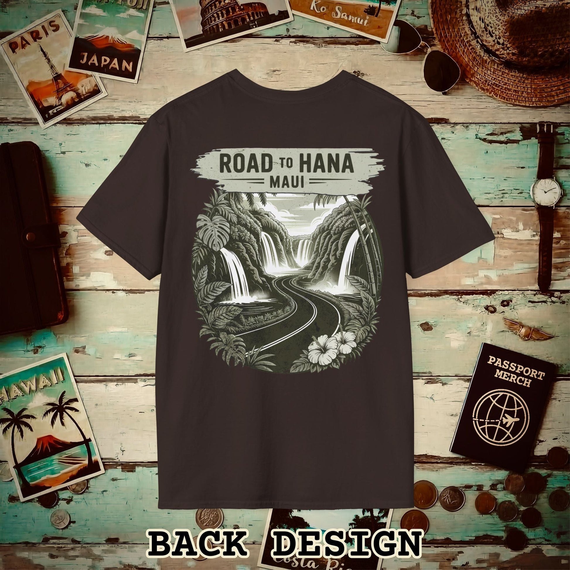 Vintage Road to Hana, Maui, Hawaii, Back Print T-Shirt Dark Chocolate / S