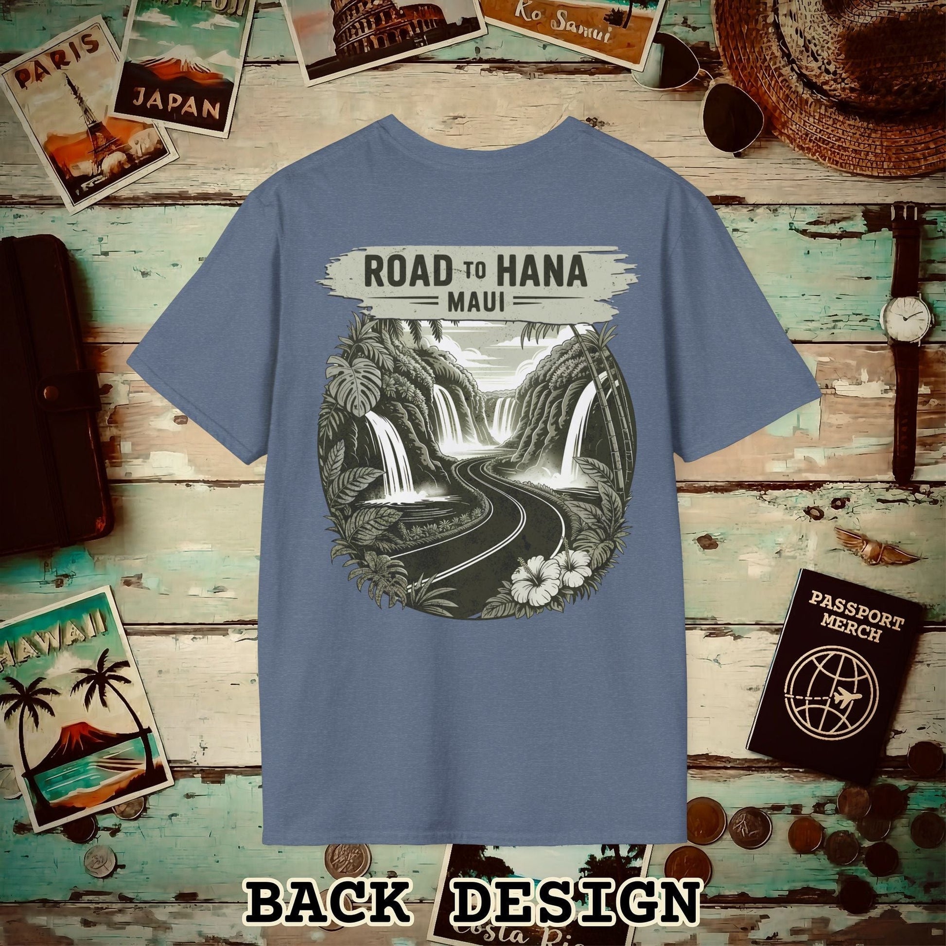 Vintage Road to Hana, Maui, Hawaii, Back Print T-Shirt Heather Indigo / S