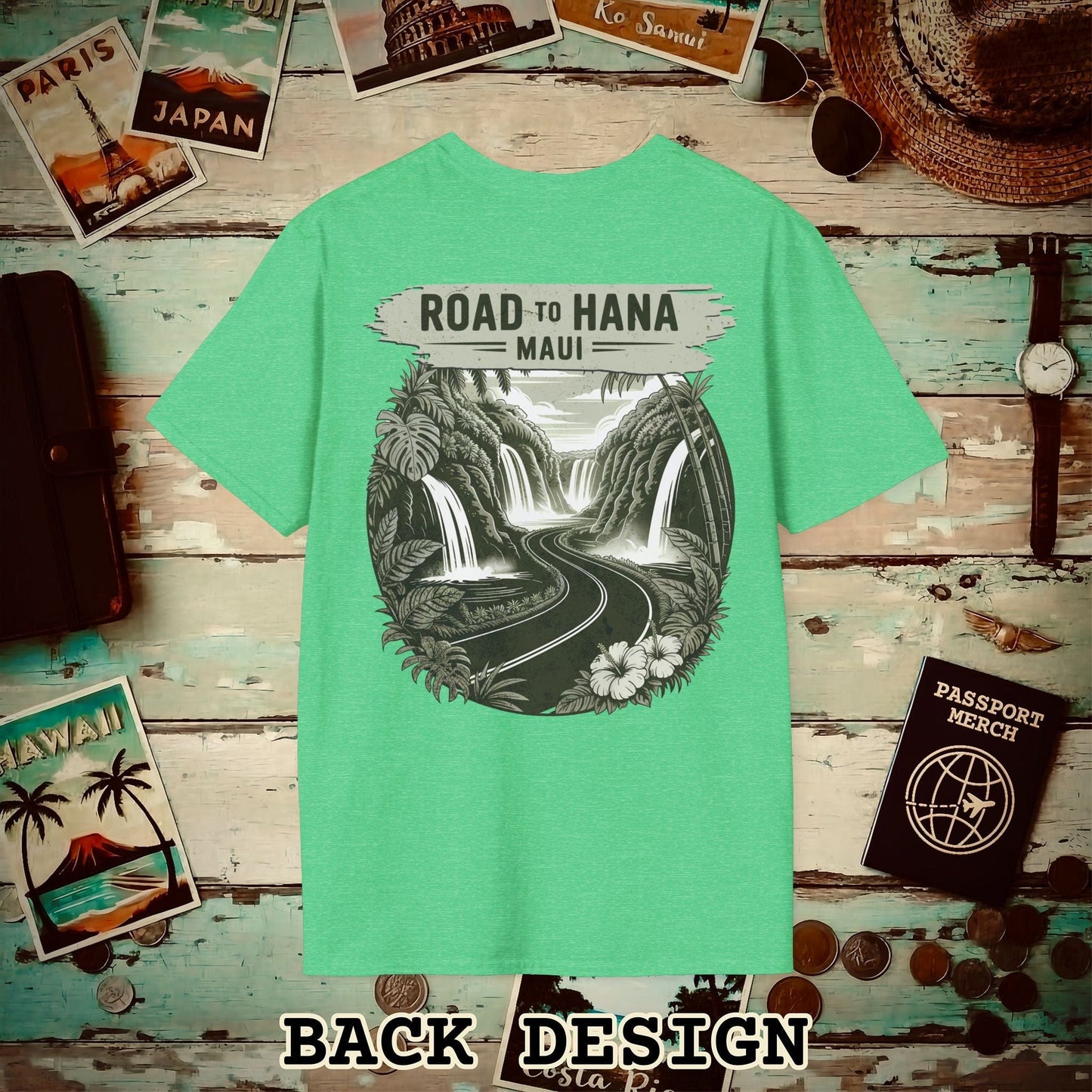 Vintage Road to Hana, Maui, Hawaii, Back Print T-Shirt Heather Irish Green / S