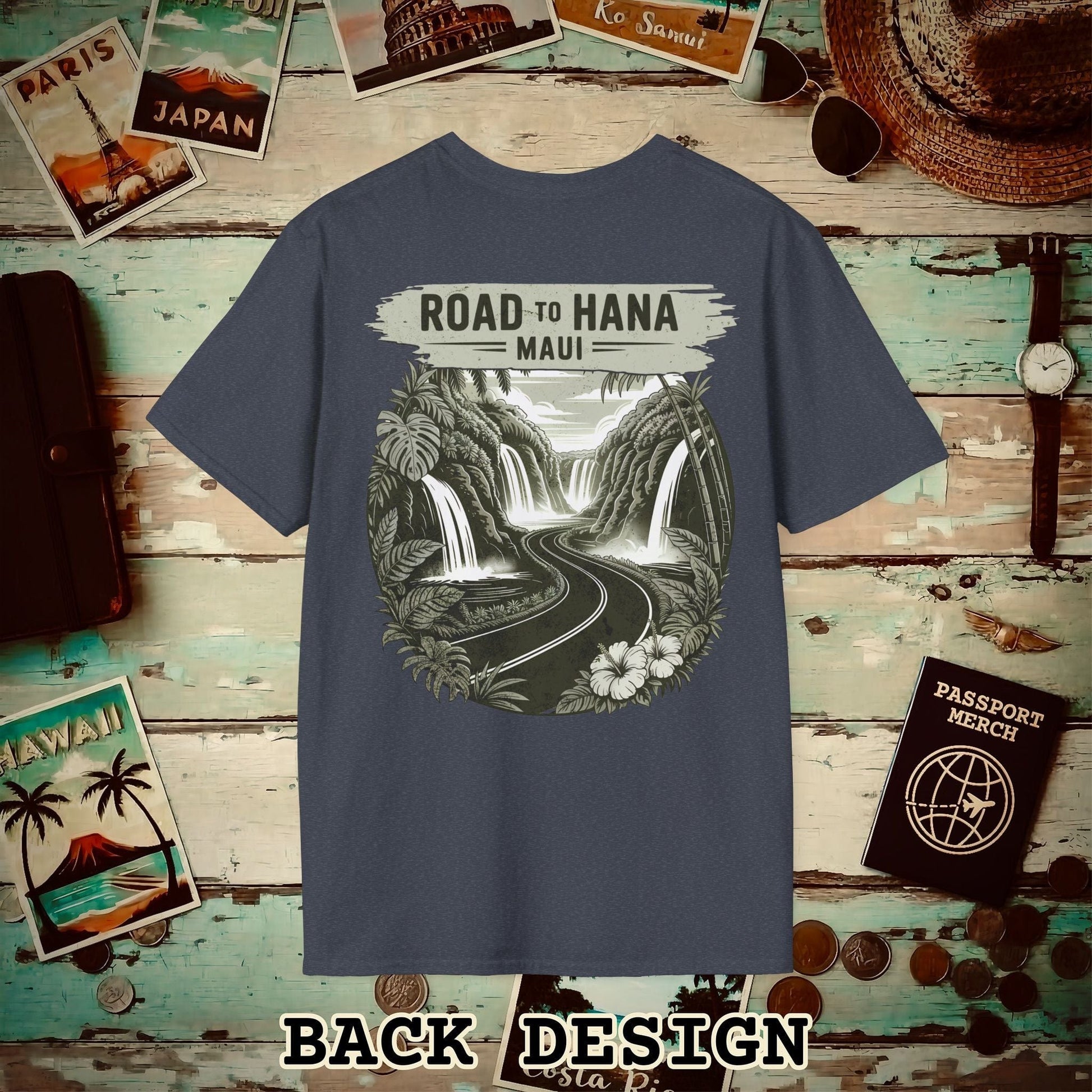 Vintage Road to Hana, Maui, Hawaii, Back Print T-Shirt Heather Navy / S