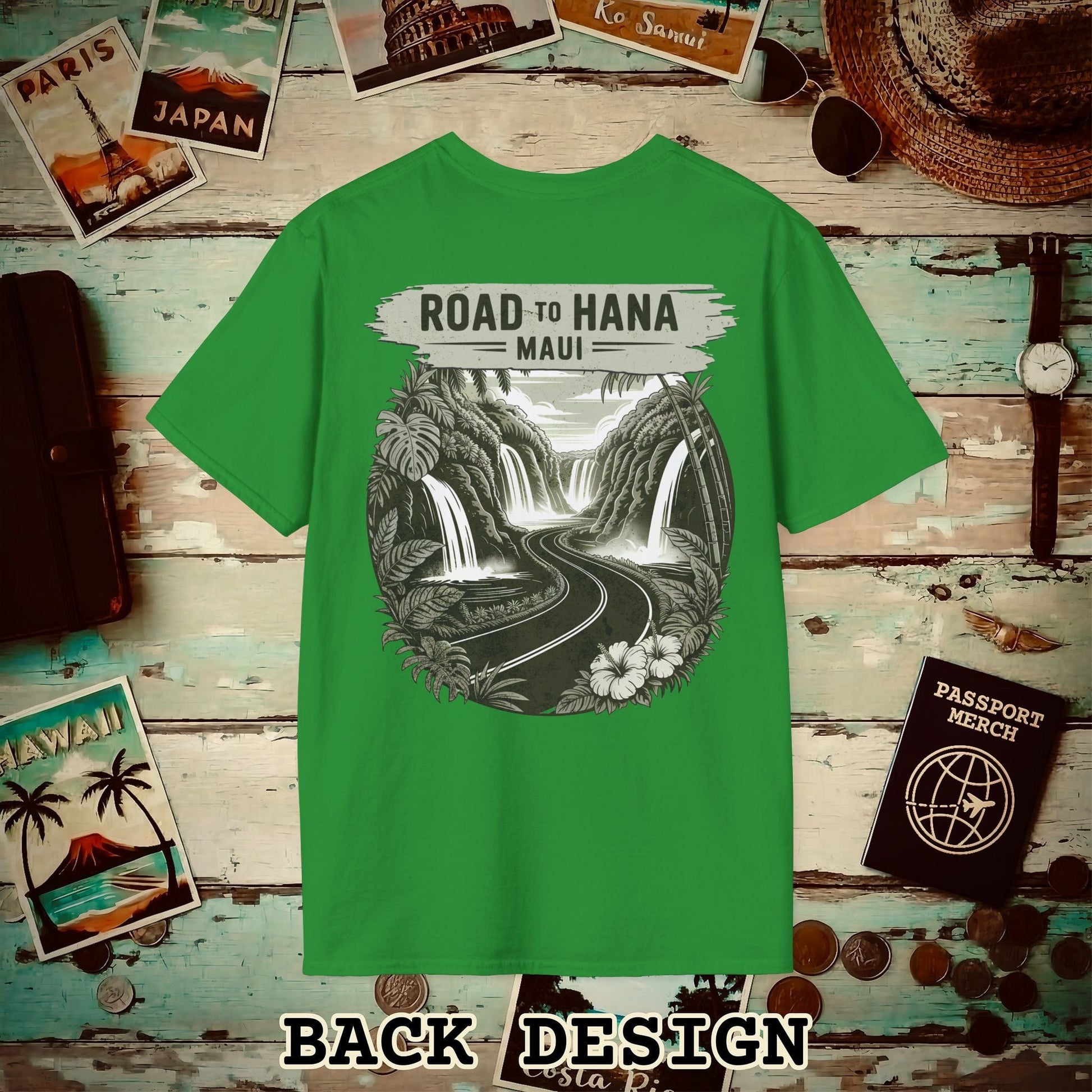 Vintage Road to Hana, Maui, Hawaii, Back Print T-Shirt Irish Green / S