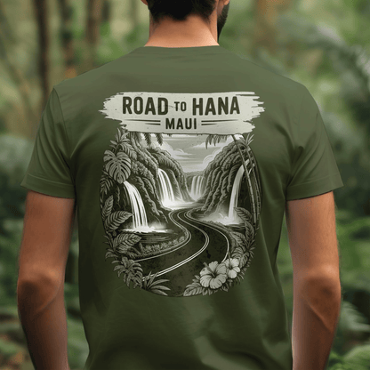 Vintage Road to Hana, Maui, Hawaii, Back Print T-Shirt Military Green / S