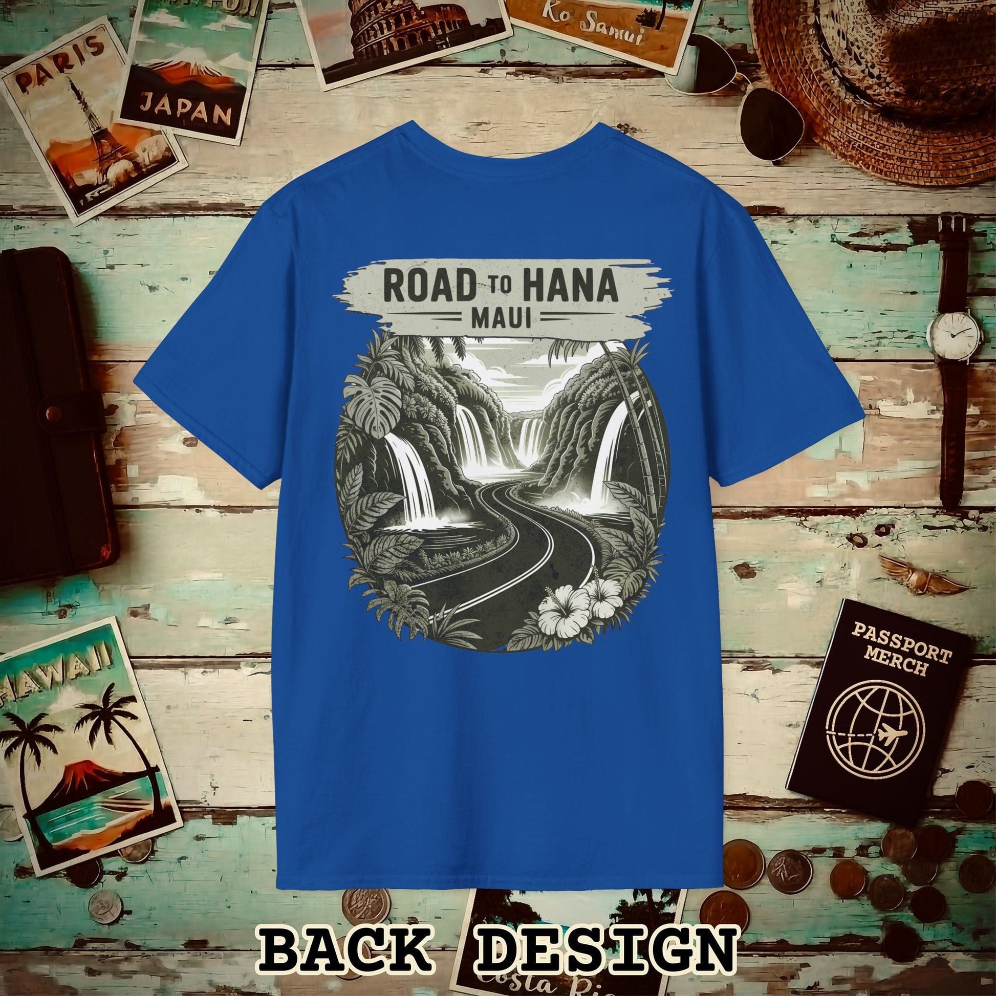 Vintage Road to Hana, Maui, Hawaii, Back Print T-Shirt Royal / S