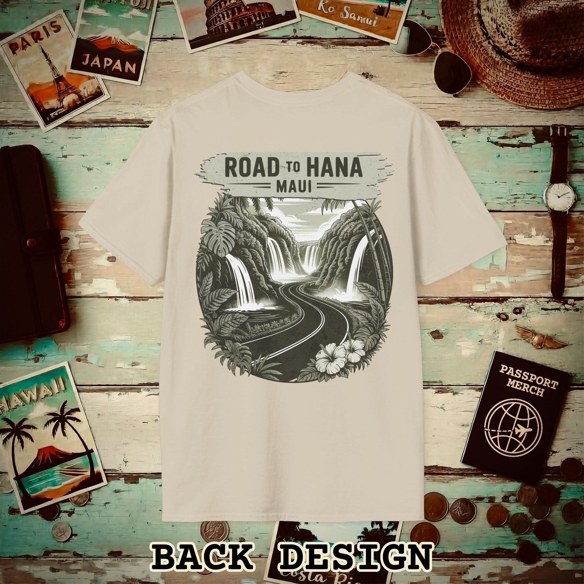 Vintage Road to Hana, Maui, Hawaii, Back Print T-Shirt Sand / S