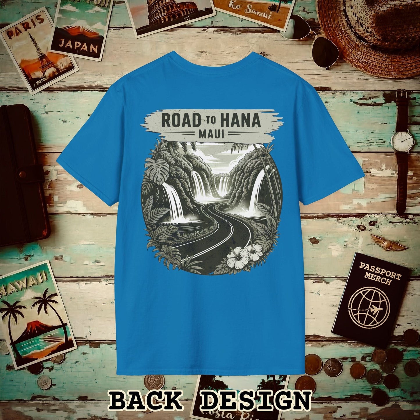 Vintage Road to Hana, Maui, Hawaii, Back Print T-Shirt Sapphire / S