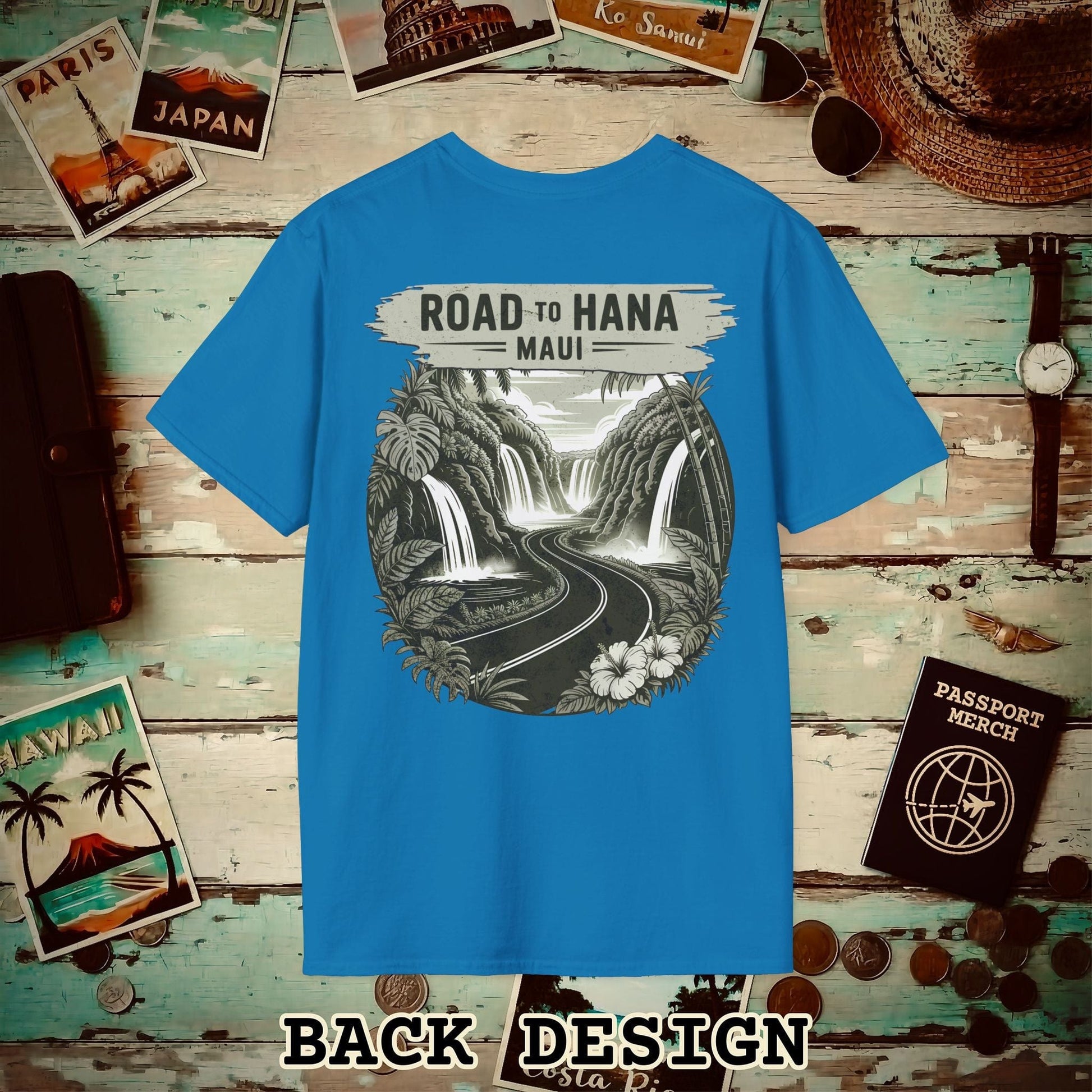 Vintage Road to Hana, Maui, Hawaii, Back Print T-Shirt Sapphire / S