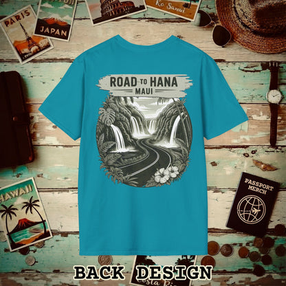 Vintage Road to Hana, Maui, Hawaii, Back Print T-Shirt Tropical Blue / S