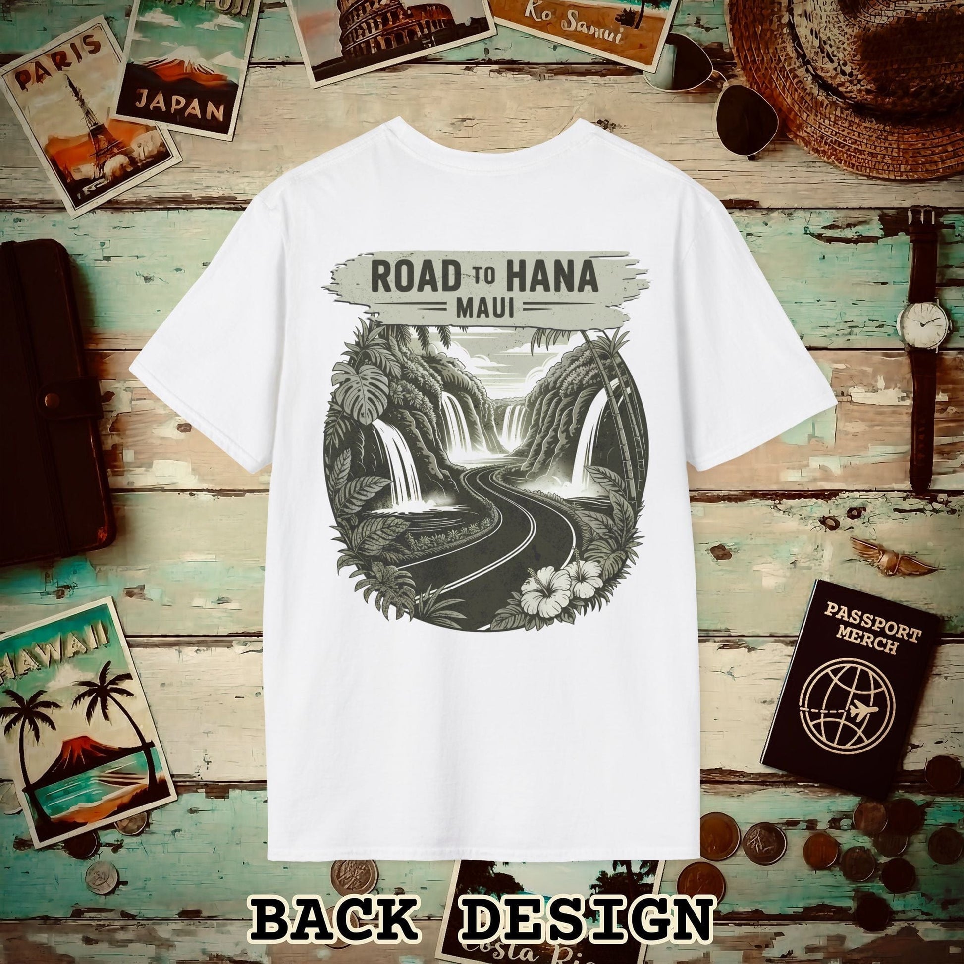 Vintage Road to Hana, Maui, Hawaii, Back Print T-Shirt White / S