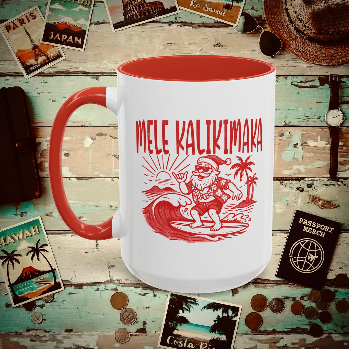 Vintage Surfing Santa, Mele Kalikimaka, Hawaii 15oz Mug Red / 15oz