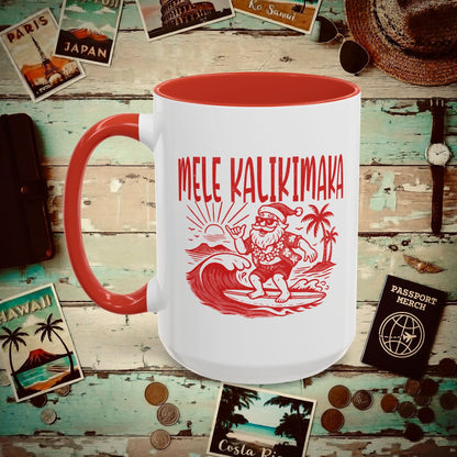 Vintage Surfing Santa, Mele Kalikimaka, Hawaii 15oz Mug Red / 15oz