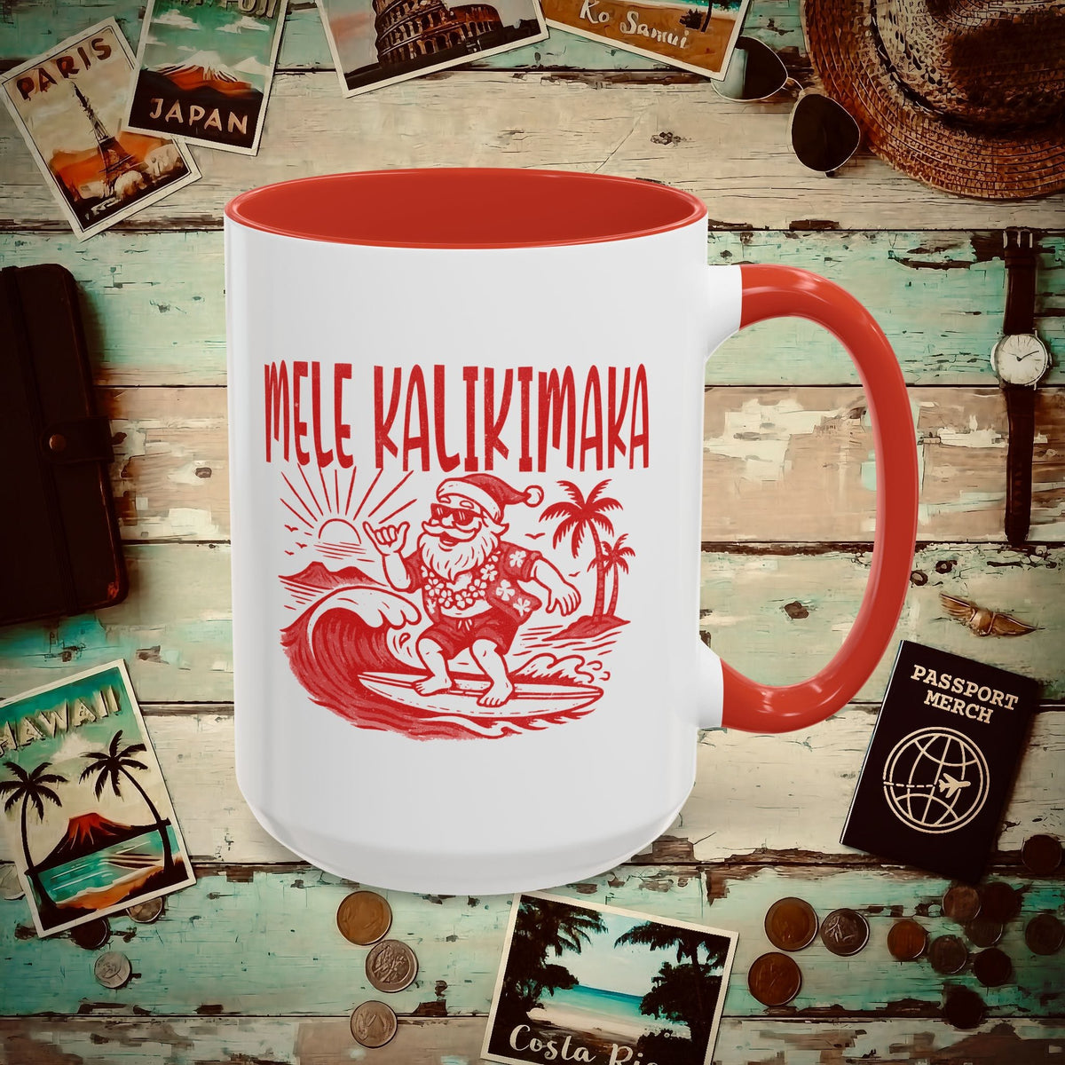 Vintage Surfing Santa, Mele Kalikimaka, Hawaii 15oz Mug Red / 15oz