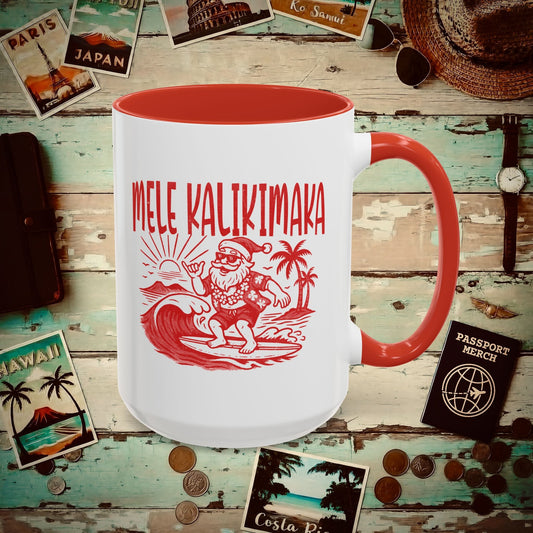 Vintage Surfing Santa, Mele Kalikimaka, Hawaii 15oz Mug Red / 15oz