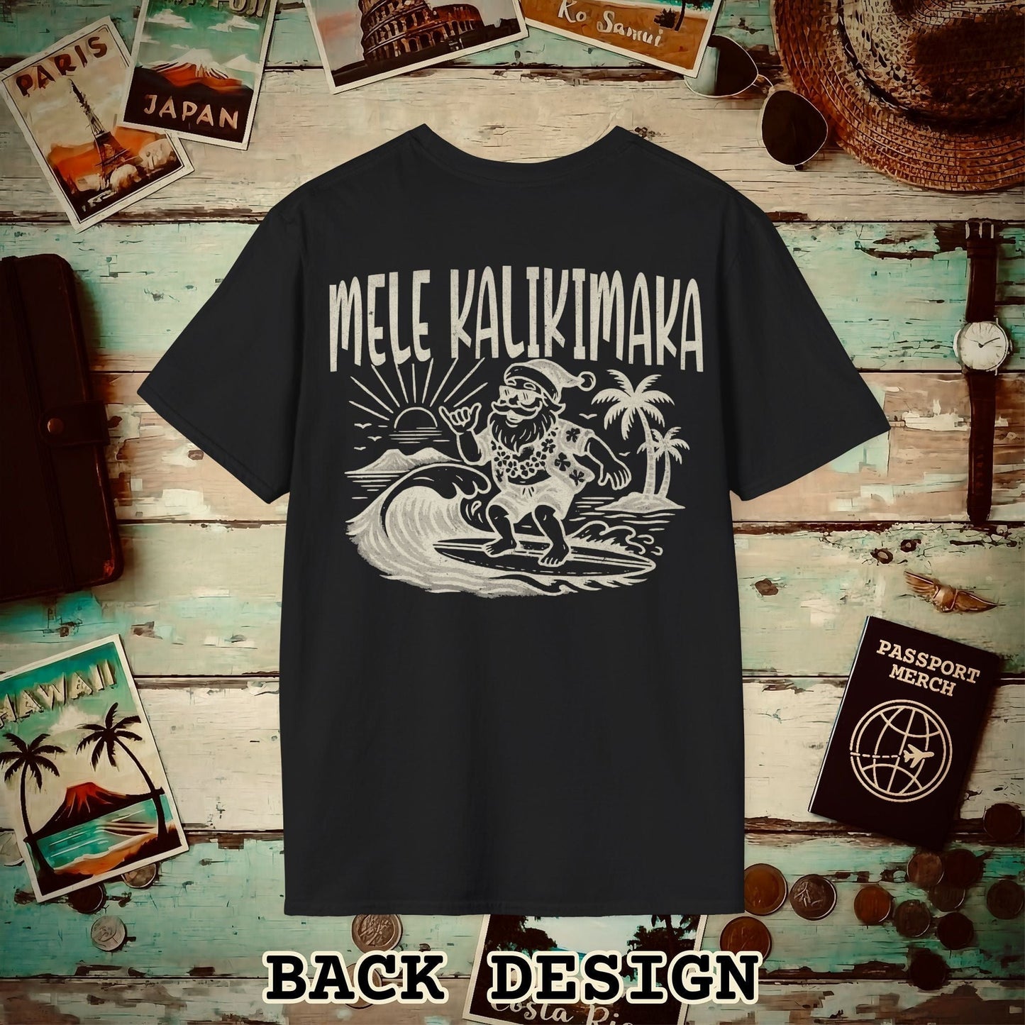 Vintage Surfing Santa, Mele Kalikimaka, Hawaii Back Print T-Shirt Black / S