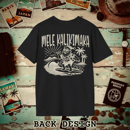 Vintage Surfing Santa, Mele Kalikimaka, Hawaii Back Print T-Shirt Black / S