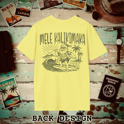 Vintage Surfing Santa, Mele Kalikimaka, Hawaii Back Print T-Shirt Cornsilk / S