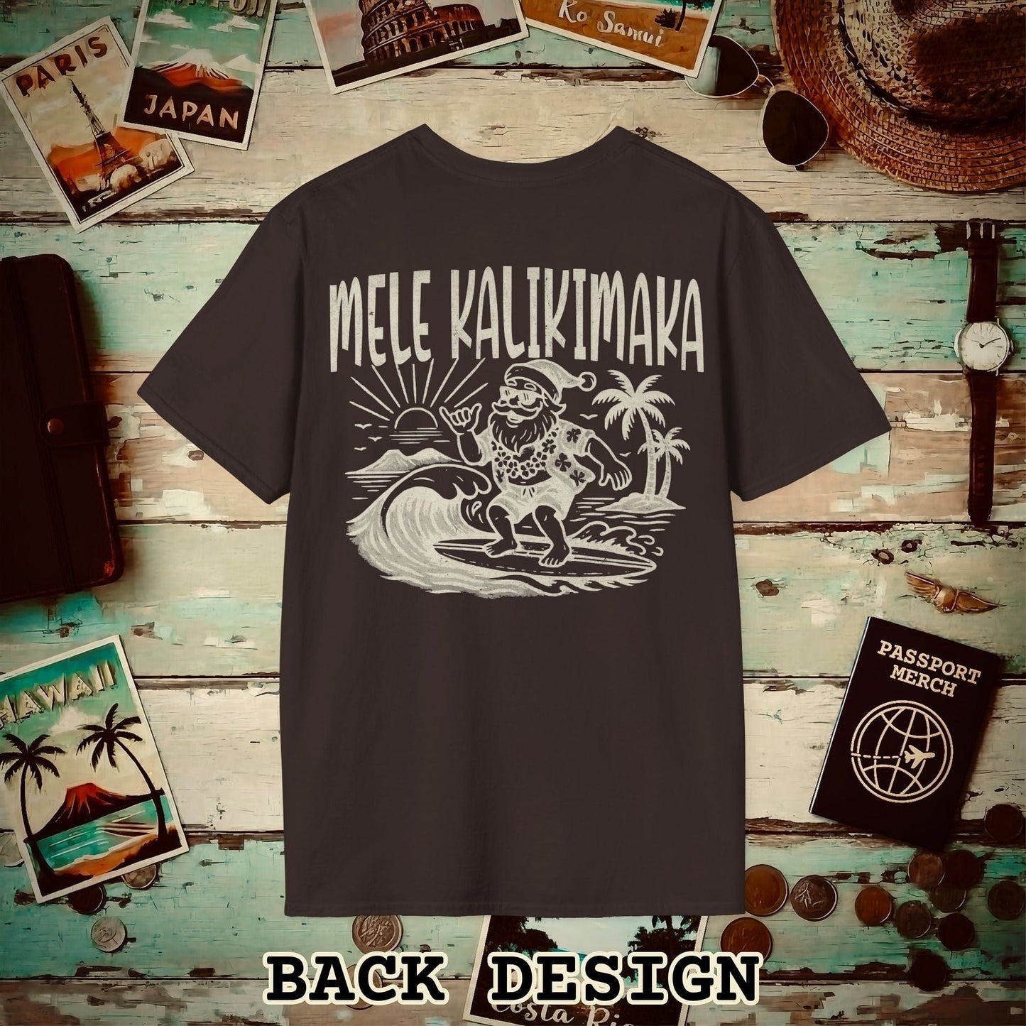 Vintage Surfing Santa, Mele Kalikimaka, Hawaii Back Print T-Shirt Dark Chocolate / S