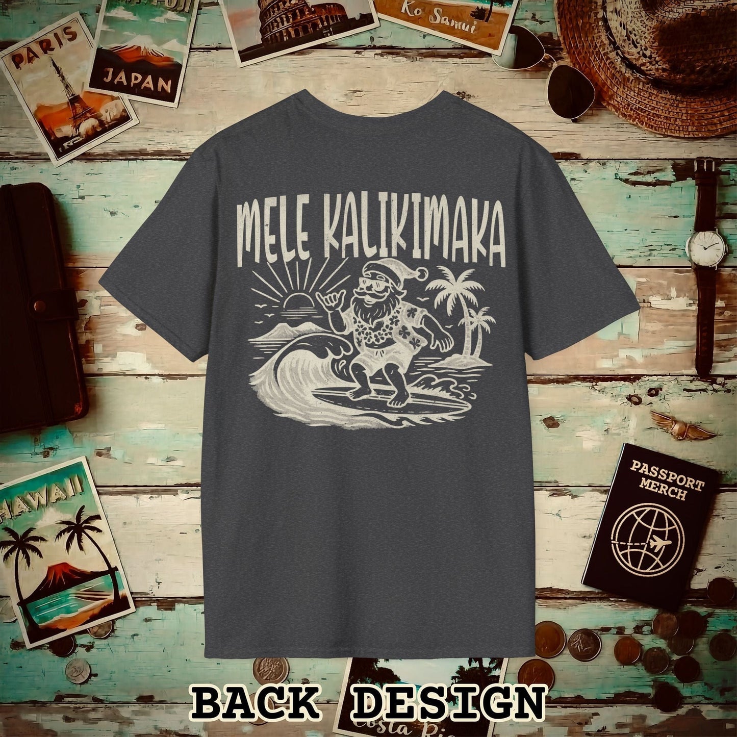 Vintage Surfing Santa, Mele Kalikimaka, Hawaii Back Print T-Shirt Dark Heather / S