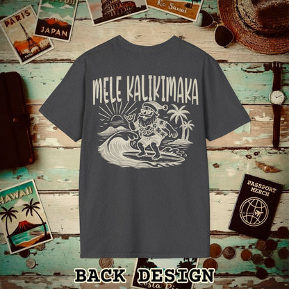 Vintage Surfing Santa, Mele Kalikimaka, Hawaii Back Print T-Shirt Dark Heather / S