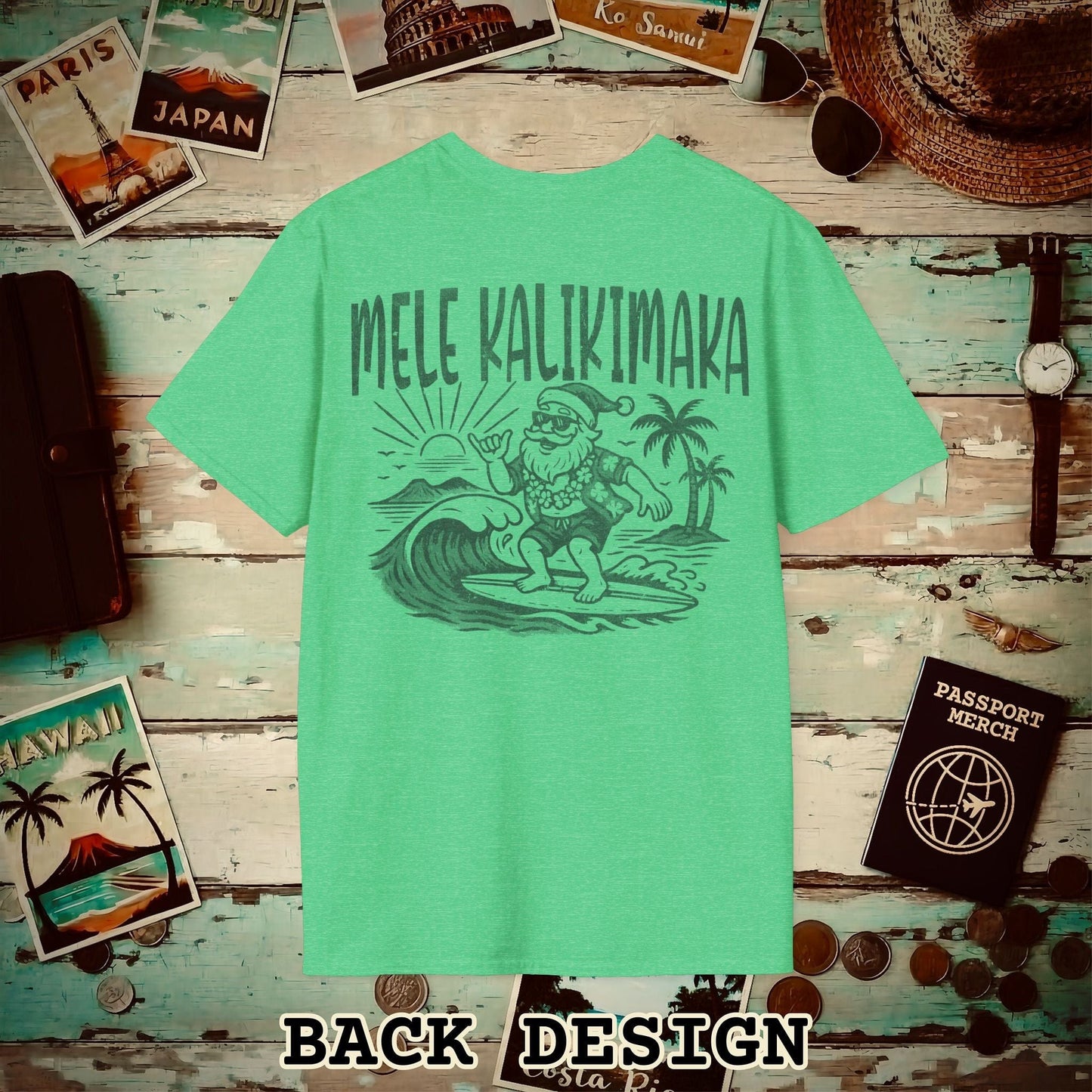 Vintage Surfing Santa, Mele Kalikimaka, Hawaii Back Print T-Shirt Heather Irish Green / S