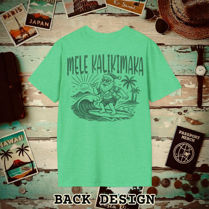 Vintage Surfing Santa, Mele Kalikimaka, Hawaii Back Print T-Shirt Heather Irish Green / S