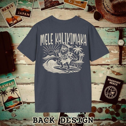 Vintage Surfing Santa, Mele Kalikimaka, Hawaii Back Print T-Shirt Heather Navy / S