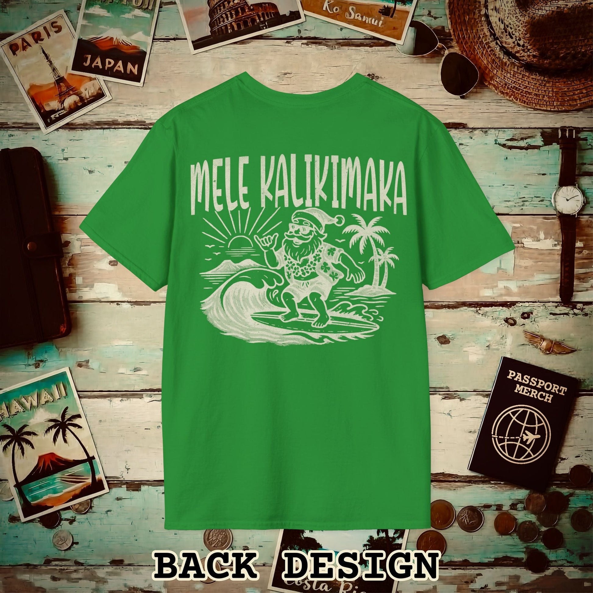 Vintage Surfing Santa, Mele Kalikimaka, Hawaii Back Print T-Shirt Irish Green / S