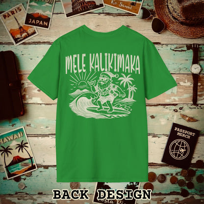 Vintage Surfing Santa, Mele Kalikimaka, Hawaii Back Print T-Shirt Irish Green / S