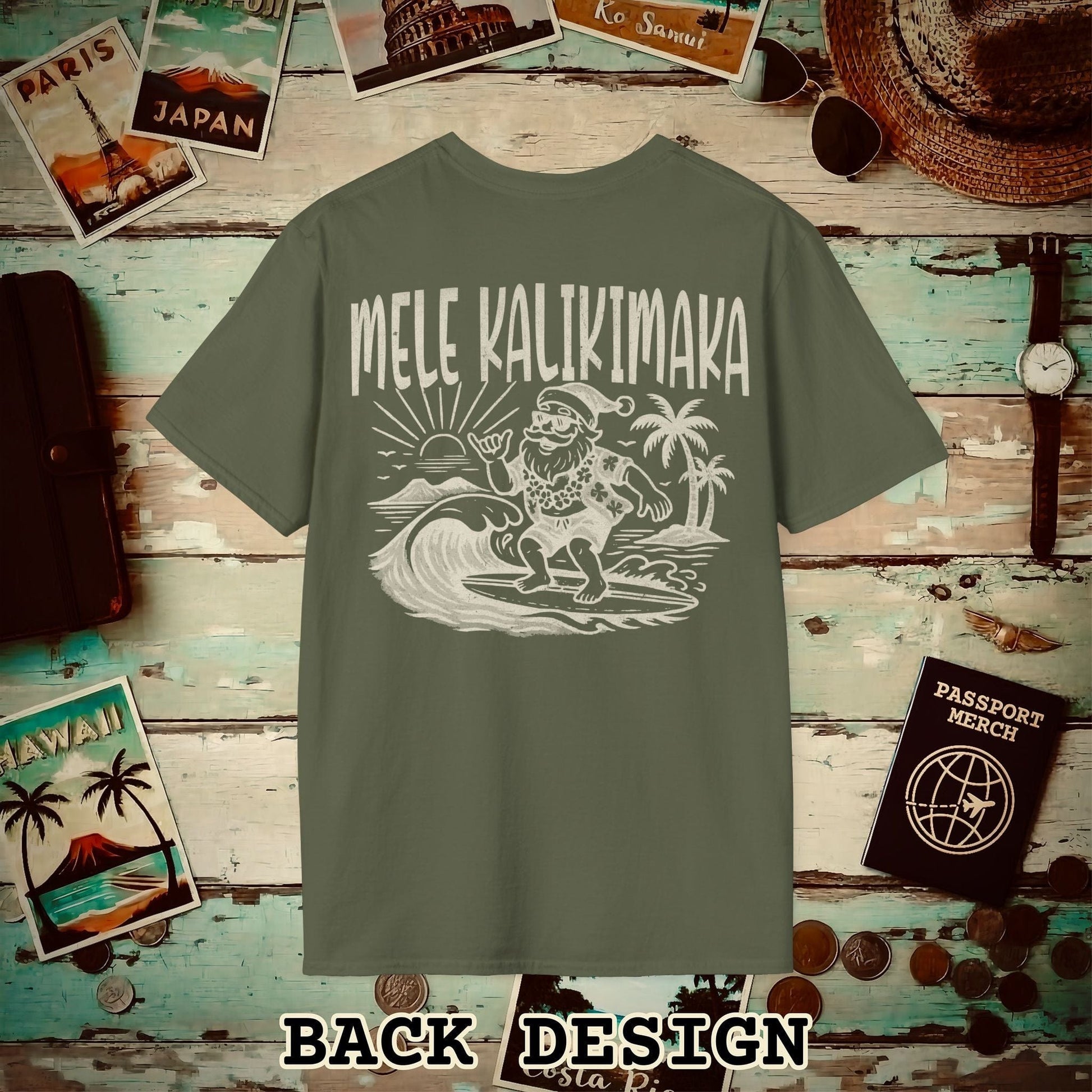 Vintage Surfing Santa, Mele Kalikimaka, Hawaii Back Print T-Shirt Military Green / S