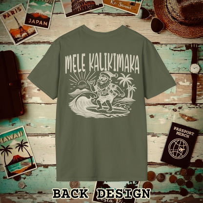 Vintage Surfing Santa, Mele Kalikimaka, Hawaii Back Print T-Shirt Military Green / S