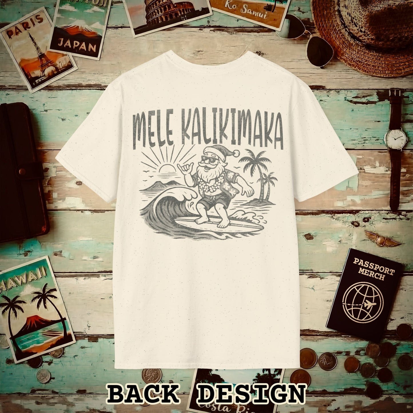 Vintage Surfing Santa, Mele Kalikimaka, Hawaii Back Print T-Shirt Natural / S