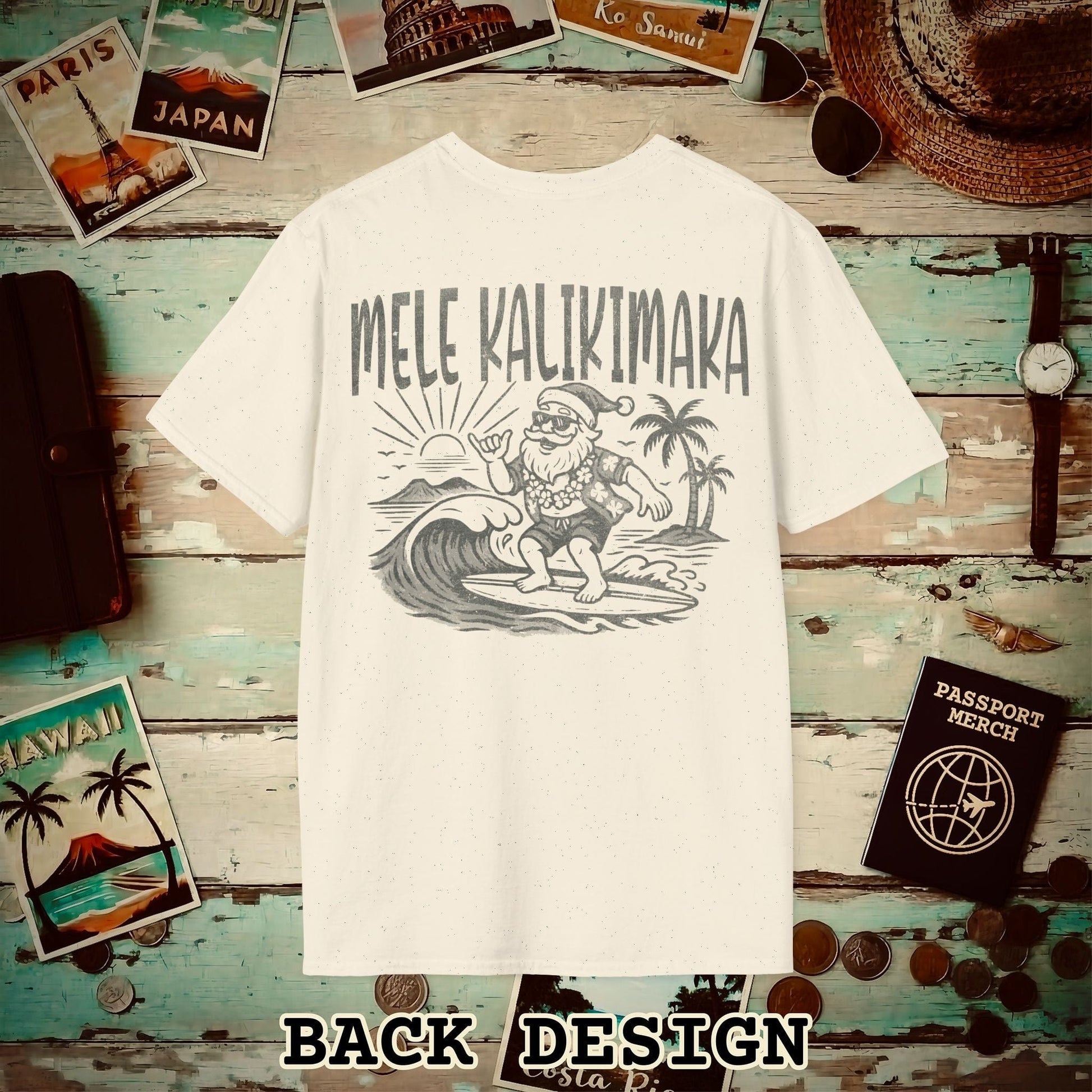 Vintage Surfing Santa, Mele Kalikimaka, Hawaii Back Print T-Shirt Natural / S