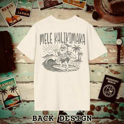 Vintage Surfing Santa, Mele Kalikimaka, Hawaii Back Print T-Shirt Natural / S