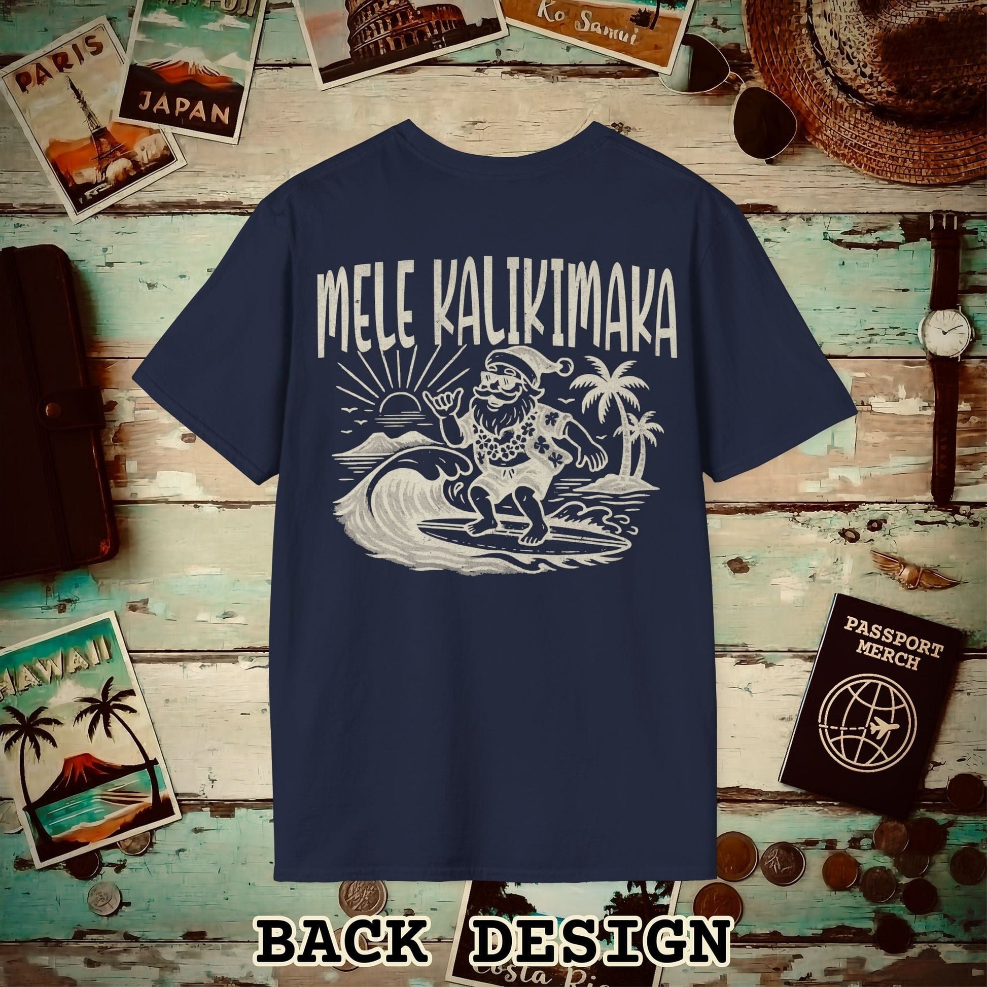 Vintage Surfing Santa, Mele Kalikimaka, Hawaii Back Print T-Shirt Navy / S
