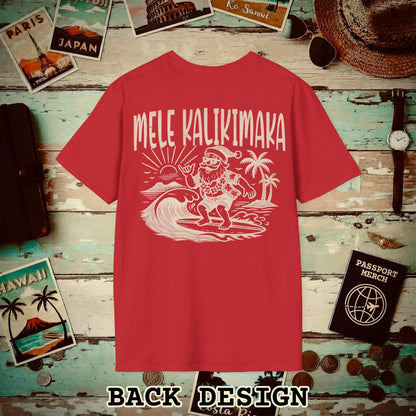 Vintage Surfing Santa, Mele Kalikimaka, Hawaii Back Print T-Shirt Red / S
