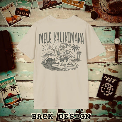 Vintage Surfing Santa, Mele Kalikimaka, Hawaii Back Print T-Shirt Sand / S
