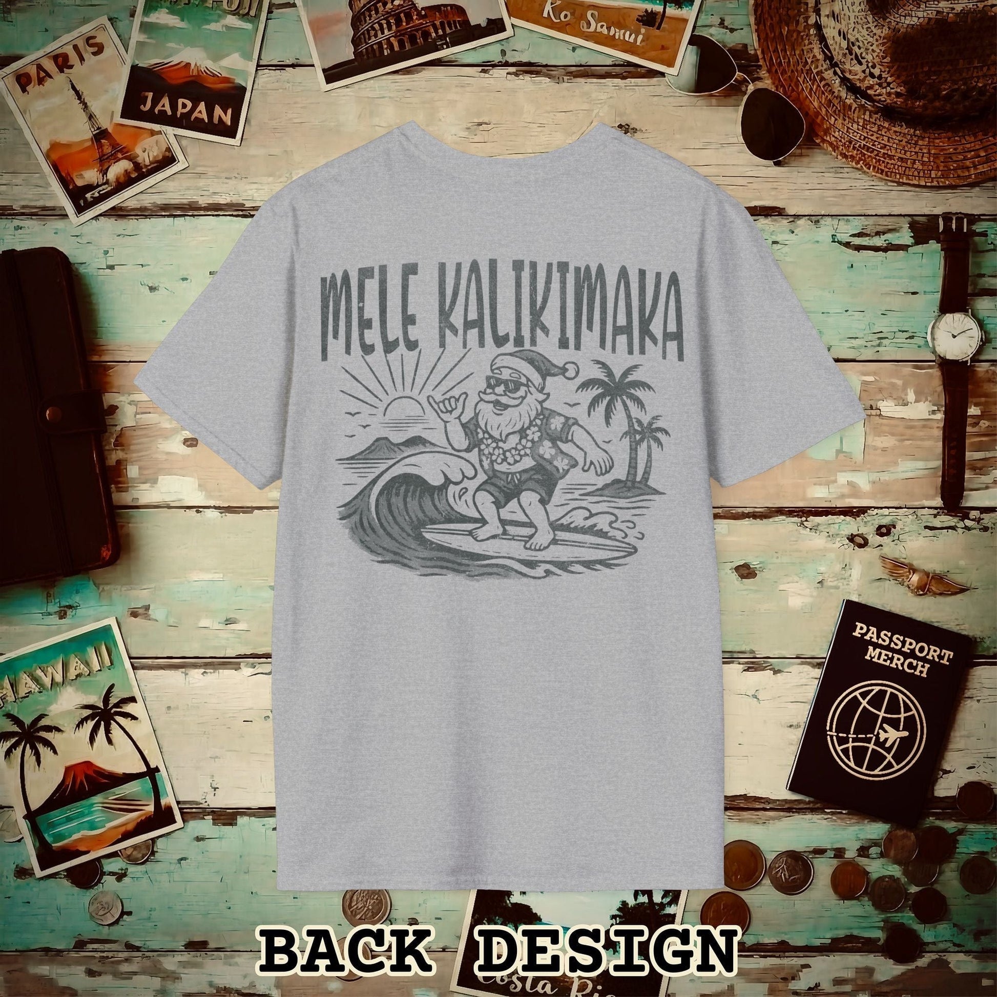 Vintage Surfing Santa, Mele Kalikimaka, Hawaii Back Print T-Shirt Sport Grey / S