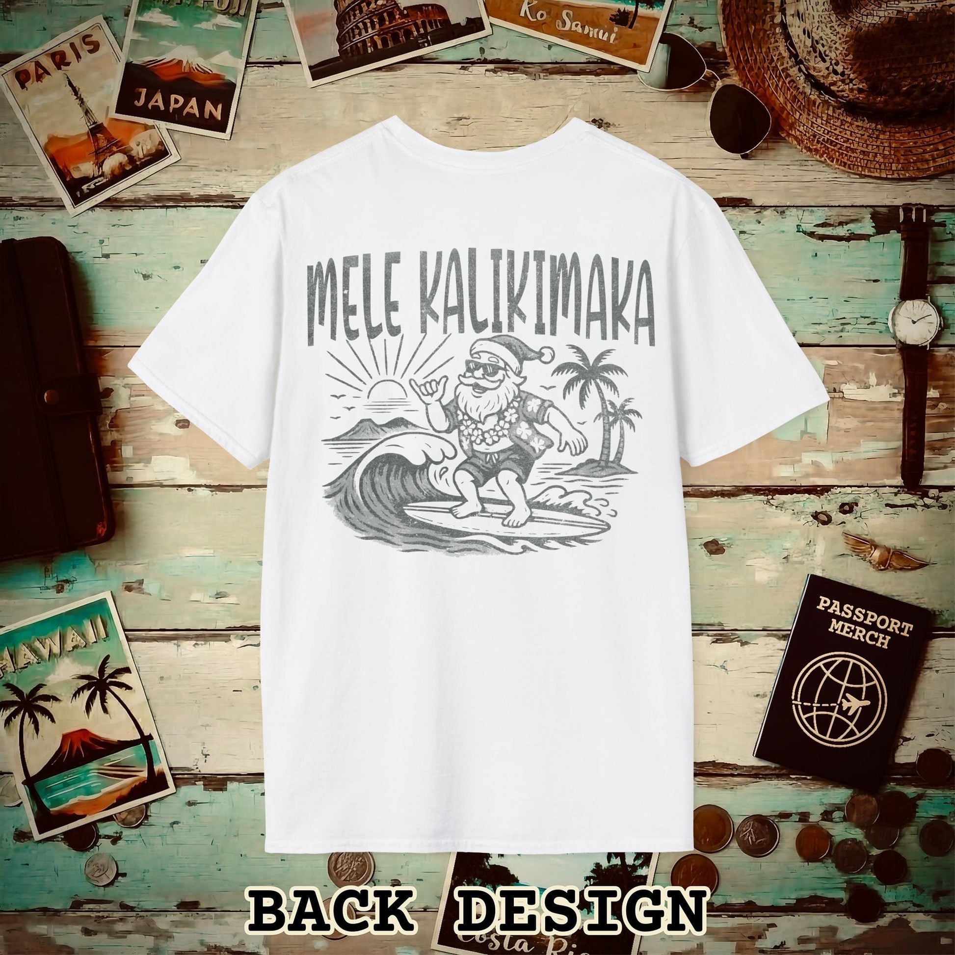Vintage Surfing Santa, Mele Kalikimaka, Hawaii Back Print T-Shirt White / S