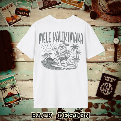 Vintage Surfing Santa, Mele Kalikimaka, Hawaii Back Print T-Shirt White / S