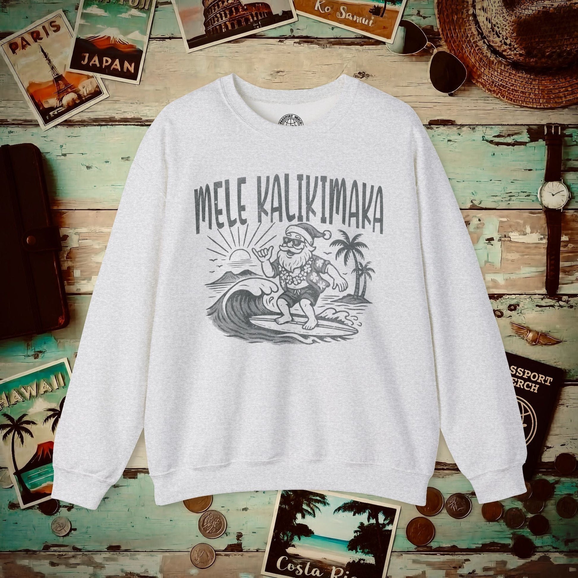 Vintage Surfing Santa, Mele Kalikimaka, Hawaii Crewneck Ash / S