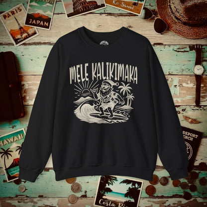 Vintage Surfing Santa, Mele Kalikimaka, Hawaii Crewneck Black / S