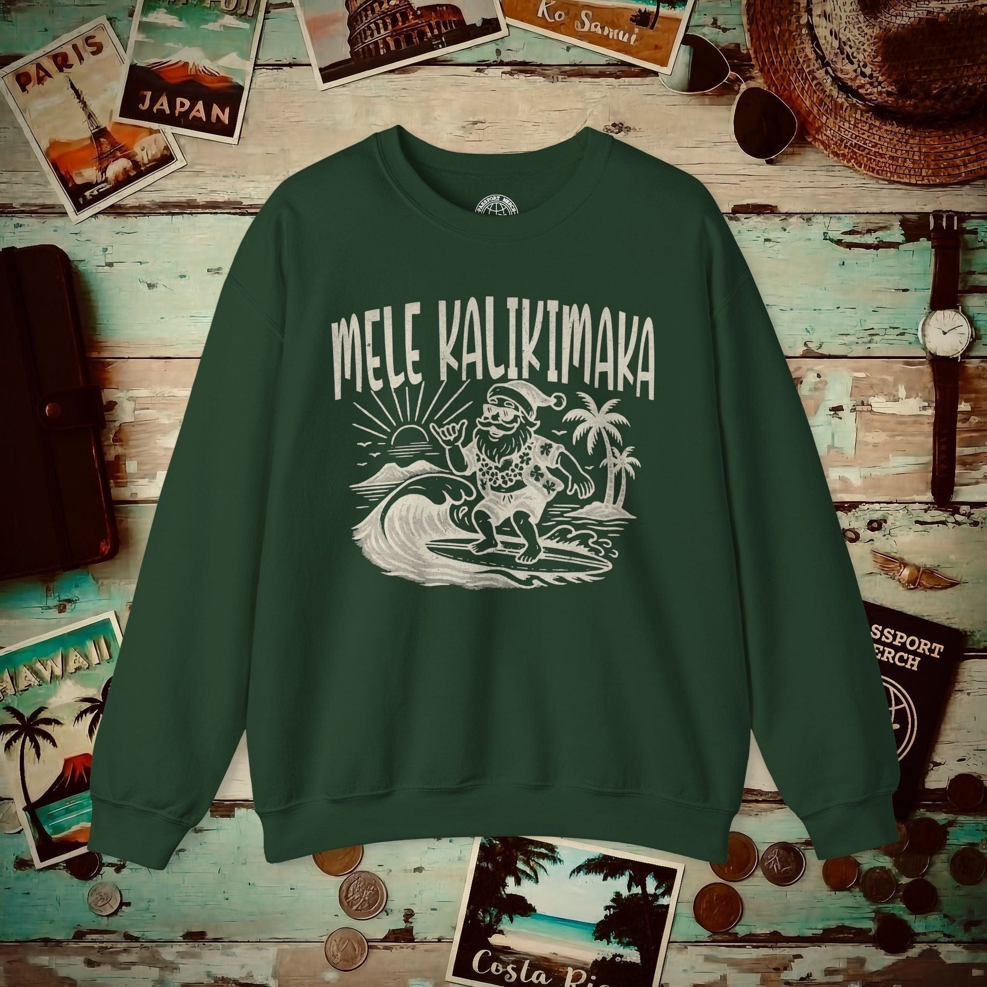 Vintage Surfing Santa, Mele Kalikimaka, Hawaii Crewneck Forest Green / S
