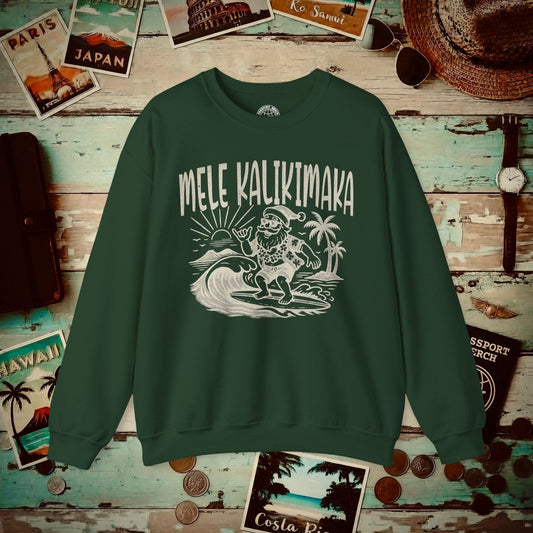 Vintage Surfing Santa, Mele Kalikimaka, Hawaii Crewneck Forest Green / S
