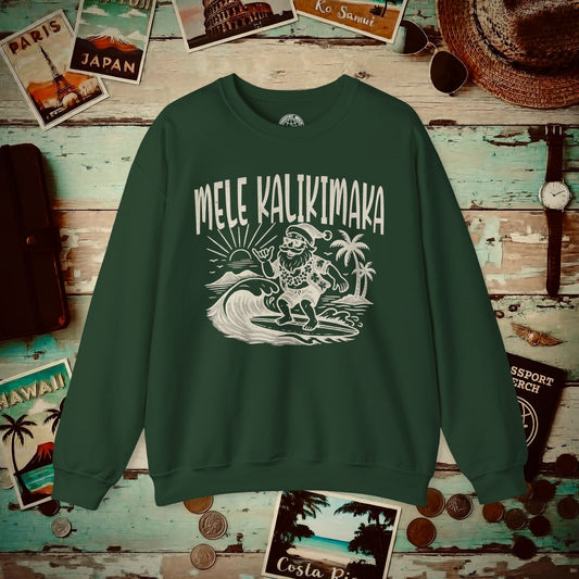 Vintage Surfing Santa, Mele Kalikimaka, Hawaii Crewneck Forest Green / S