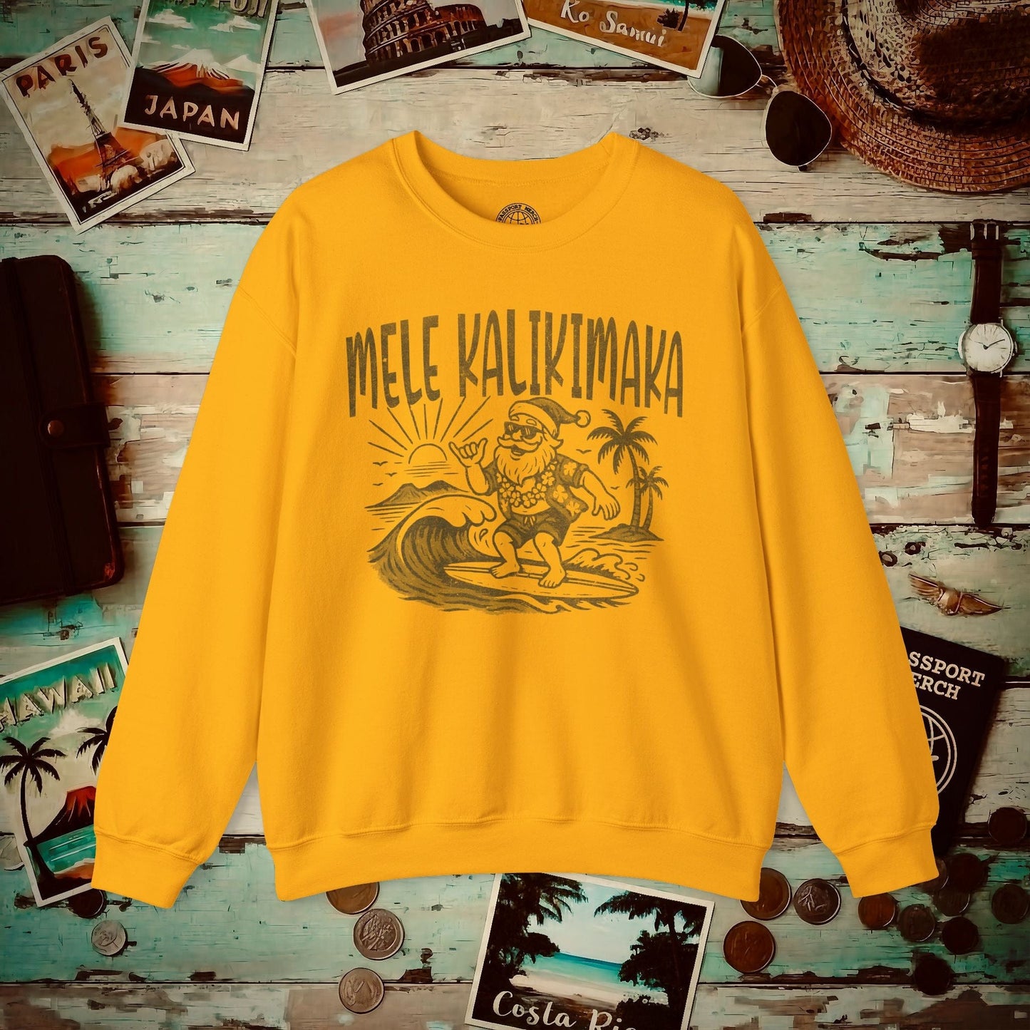 Vintage Surfing Santa, Mele Kalikimaka, Hawaii Crewneck Gold / S