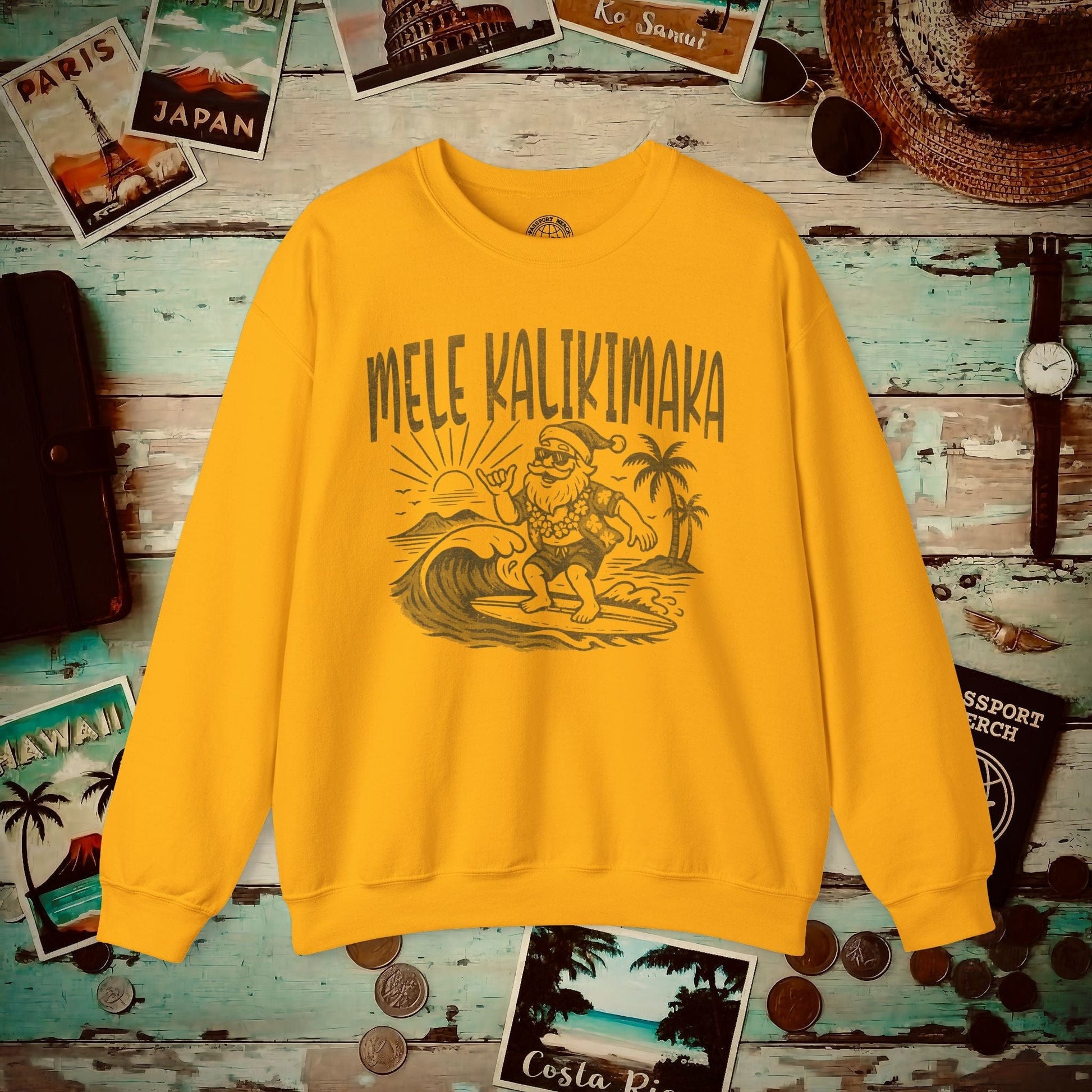 Vintage Surfing Santa, Mele Kalikimaka, Hawaii Crewneck Gold / S