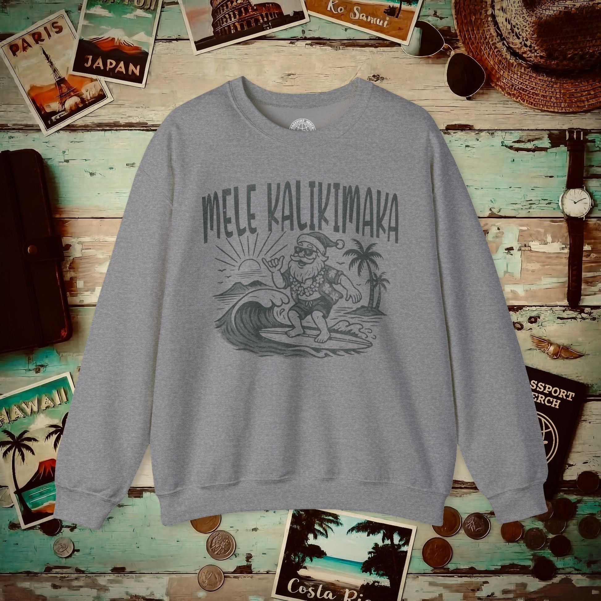 Vintage Surfing Santa, Mele Kalikimaka, Hawaii Crewneck Graphite Heather / S
