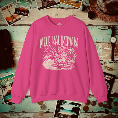 Vintage Surfing Santa, Mele Kalikimaka, Hawaii Crewneck Heliconia / S